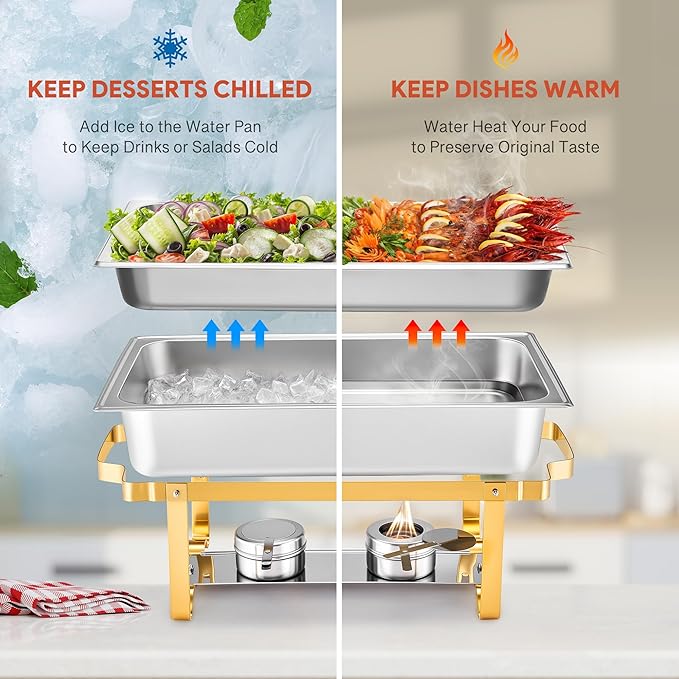 WILPREP Chafing Dishes for Buffet, 4 Pack 9 qt Chafer and Buffet Warmer Set with Full Size Pans & Foldable Frames, Food Grade Stainless Steel Food Warmers for Parties Buffets Banquets, Gold & Silver
