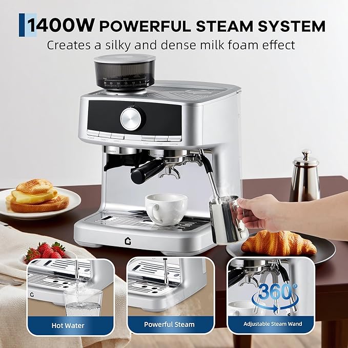 20 Bar Pressure Stainless Steel Espresso Machine with Grinder, 1.5l Removable Water Tank, Milk Frother Steam Wand for Latte and Cappuccino, Adjustable Shot Volume,Silver