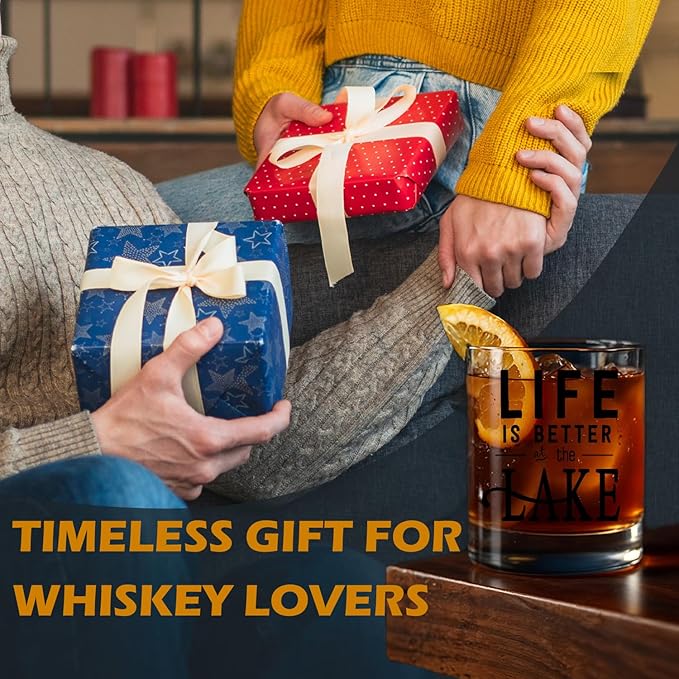 kunlisa Lake Lovers Gifts Whiskey Glasses, Lake House Decor and Gifts, Life Is Better at the Lakes 10 oz Drinking Rocks Glasses for Women Men Whisky Cocktail Scotch Bourbon Liquor