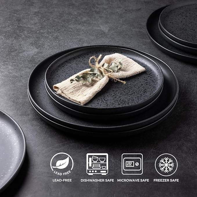 AmorArc Ceramic Dinnerware Sets, Wavy Rim Stoneware Plates and Bowls Sets, Highly Chip and Crack Resistant | Dishwasher & Microwave Dishes set, Service for 4 (12pc)-Speckled Matte Black