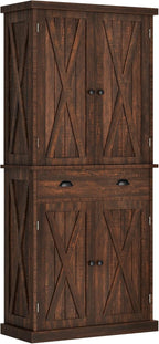DWVO 72'' Farmhouse Kitchen Pantry, Rustic Wood Kitchen Storage Cabinets with Adjustable Shelves & Drawer, Tall Freestanding Cupboard for Dining Room, Living Room, Drak Brown