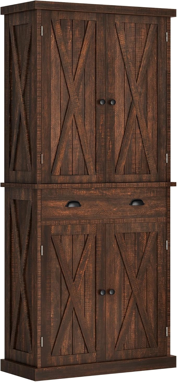 DWVO 72'' Farmhouse Kitchen Pantry, Rustic Wood Kitchen Storage Cabinets with Adjustable Shelves & Drawer, Tall Freestanding Cupboard for Dining Room, Living Room, Drak Brown