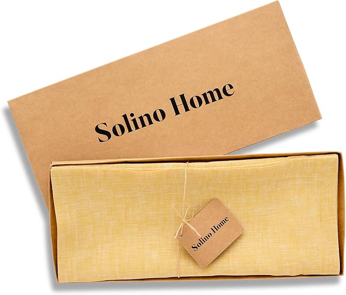 Solino Home Linen Small Table Runner 48 Inches - Athena, 100% Pure Linen Chambray Mustard Yellow Table Runner 14 x 48 Inch Ideal for Dresser and Coffee Tables - Summer