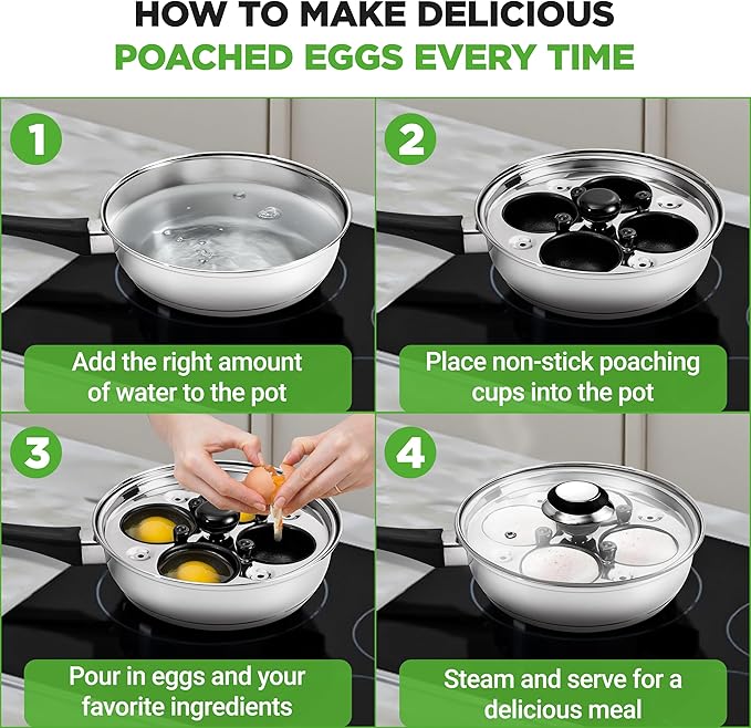 NutriChef Egg Poacher Pan Set - 7.87” Stainless Steel Poached Egg Cooker with 4 Non-Stick Poaching Cups, Glass Lid, Timer, Oven Mitt, and Spatula for Perfect Poached Eggs, Induction Compatible, Silver