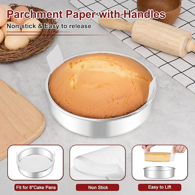 LIANYU 8 Inch Cake Pan Set of 3, Stainless Steel Round Baking Pans with 90 PCS Parchment Paper, Non Toxic Bakeware Tins for Layer Birthday Wedding Cake, Leak-proof & Dishwasher Safe