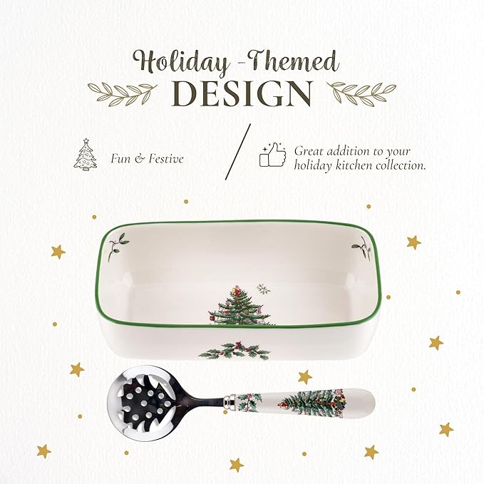 Spode Christmas Tree Cranberry Sauce Serving Dish with Slotted Spoon (8"x 4.25") - Rectangular Holiday Server with Holiday Motif - Dishwasher, Microwave, Freezer Safe Serveware for Entertaining
