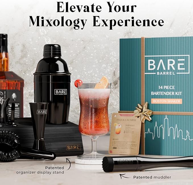 BARE BARREL® Mixology Bartender Kit Bar Set | 14-Piece Cocktail Shaker Set | Martini Barware Mixing Tools for Home Bartending | Incl. 35 Recipe Cards | Gift Set (24oz Cobbler Shaker, Jet Black/Black)