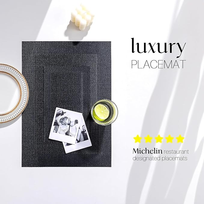 LEXMORE PlaceMats Set of 12 Vinyl/Plastic Woven Place Mats for Kitchen Table Indoor/Outdoor Washable PlaceMat Wipeable Dining Table Mats(Black Cube)
