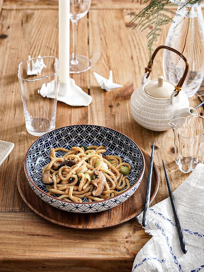 LE TAUCI Pasta Bowl 32 oz, Ceramic Salad Bowl, Japanese-Style Plate Bowls for Serving Pasta, Fruits, Salad, Noodle, Dinner, Soup, Mircrowave Oven Dishwasher Safe - 8.2 Inch, Set of 4, Vintage Blue