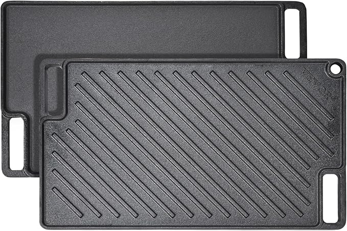 VEVOR Reversible Grill/Griddle, 17x10'' Pre-Seasoned Cast Iron Griddle, Rectangular Double Burner Griddle Pan, Non-Stick Family Pan Cookware with Handles, Flat Top Plate for BBQ, Gas Grill, Black