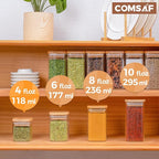 ComSaf 12Pcs Glass Spice Jars with Bamboo Lid, 4oz Airtight Square Spice Containers with 275 Black Lables, Empty Seasoning Jars for Spice Salt Sugar