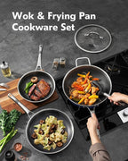 3-Piece Hybrid Stainless Steel Cookware Set-12 Inch Wok with Lid,10 Inch Frying Pan,12 Inch Skillet with Lid-Non Stick,PFOA Free,Dishwasher&Oven Safe,Induction Compatible
