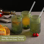 Vintage Glassware Drinking Glasses Set of 6,15 oz Hobnail Glass Cups,Embossed Green Water Tumbler,for Beer,Cocktail,Whiskey,Juice and Various Mixed Drinks- 1 Cleaning Brush