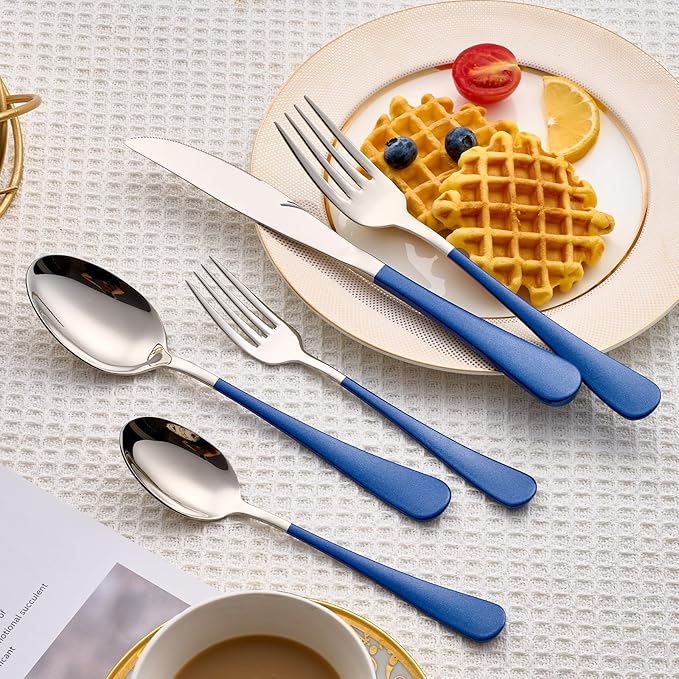 20 Piece Blue 18/0 Flatware Utensil Set for 4, Include Dinner Knife,Dinner Forks,Dinner Spoons,Salad Forks,Teaspoons,Silverware Set for 4, Dishwasher Safe