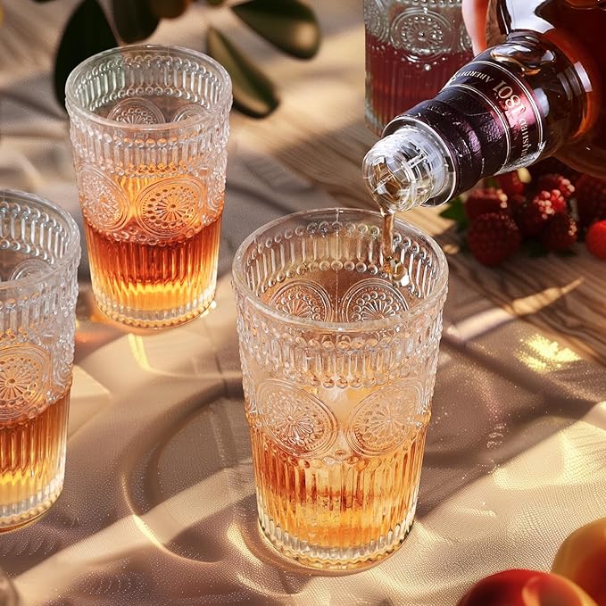 6pcs Vintage Drinking Glasses Set, 12 oz Clear Highball Glasses, Embossed Ribbed Glassware Cups for Cocktail, Water, Juice, Coffee, Whiskey