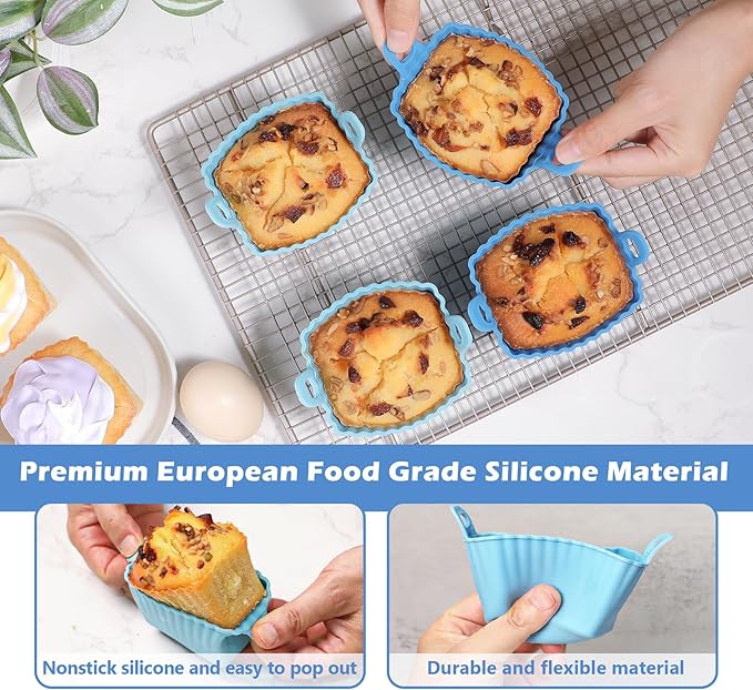 Koluti Nonstick Silicone Egg Bites Baking Mold Pack of 4, Reusable Muffin Cupcake with Double Handle, BPA Free, Small Rectangle Air Fryer Cupcakes Liner, 2 Colors