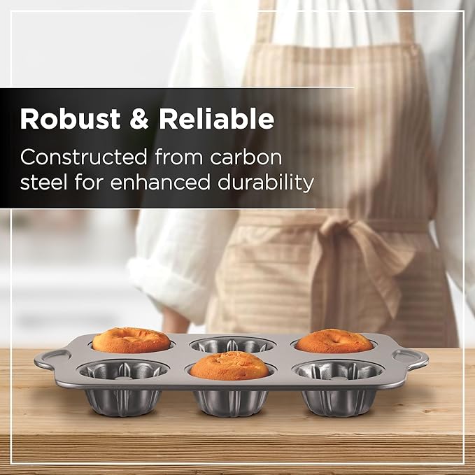 Wrenbury Nonstick Mini Buntz Cake Pan Non Stick for Baking - 6 Cup Bundtlette Fluted Cake Tin for Small Cakes - PFOA Free and Dishwasher Safe - 3.75” Cup Width
