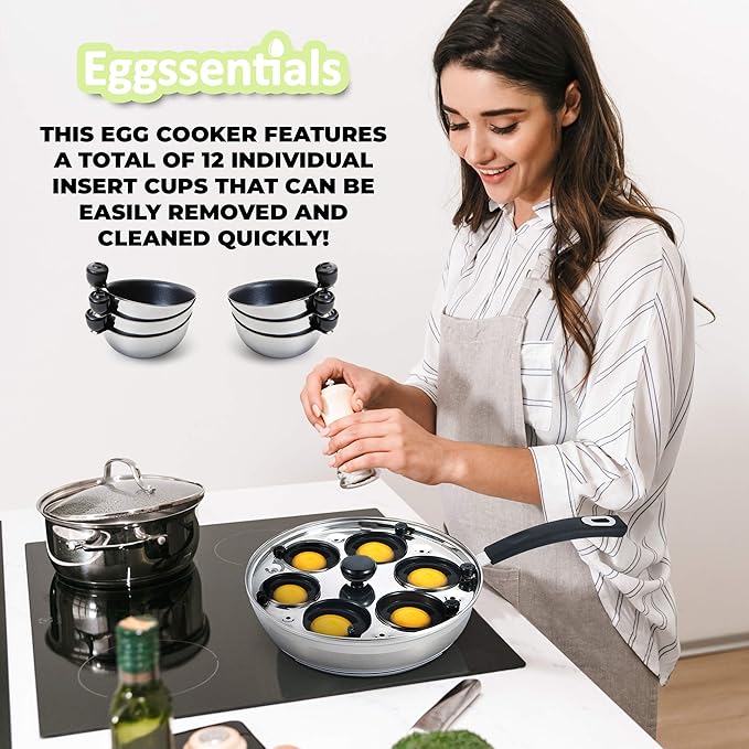 Eggssentials Poached Egg Maker Stainless Steel Egg Poacher Pan Food Grade Safe PFOA Free with Spatula