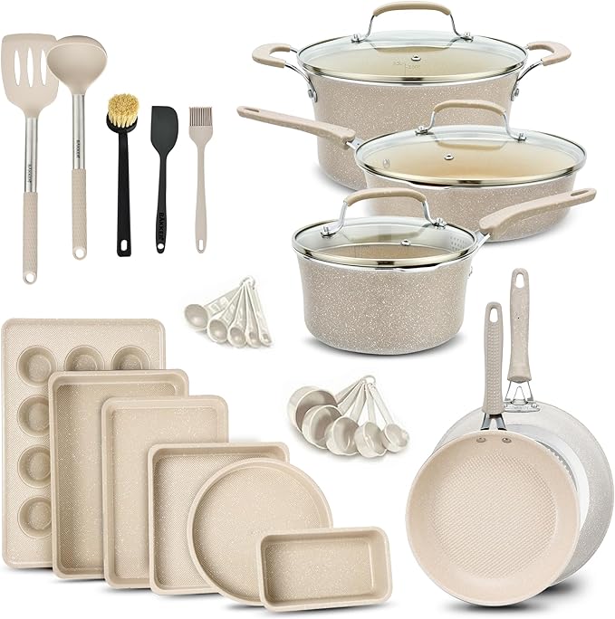 Pots and Pans Set, 23-Piece Non Stick Cookware & Bakeware Sets with Plaid Pattern, Stackable Design, Dishwasher Safe, Stain-resistant, Oven & All-Stove Safe, Tempered Glass Lid, White Marble