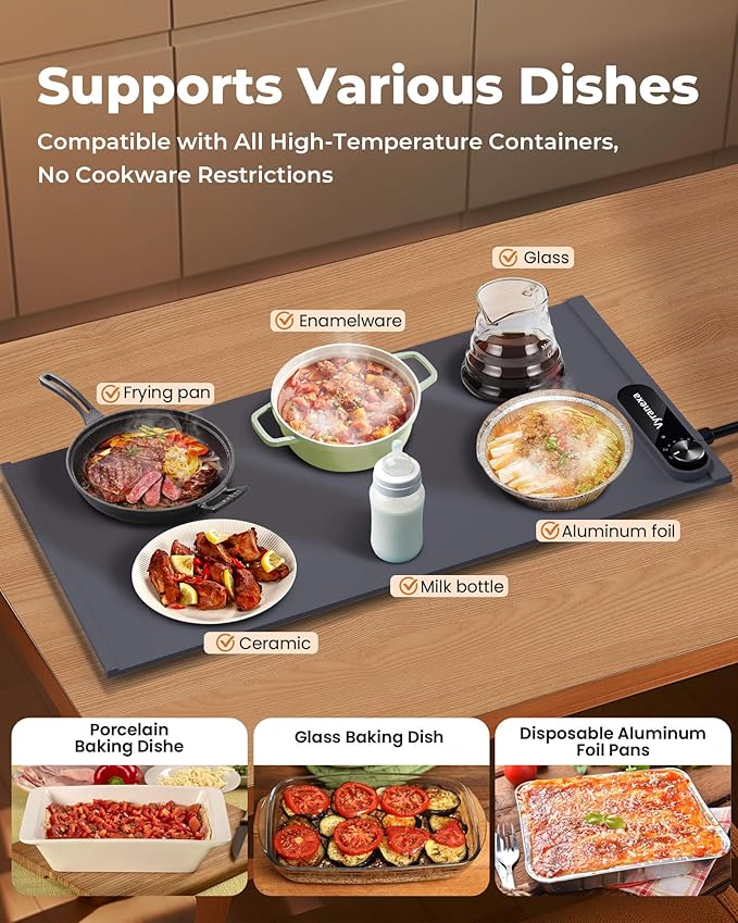 Warming Mat for Food - Space-Saving, Fits Two Baking Dishes, 7 Temp Settings, 4h Auto Shut-Off, Durable Silicone Surface, Easy to Clean, Perfect for Parties and Everyday Use (Gray, Medium)