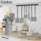Coukre Silicone Kitchen Cooking Utensils Set with Holder – Heat-Resistant, Food-Grade Kitchen Tools, Spatula, Spoon & Gadgets for Non-Stick Pans, Dishwasher Safe (14, PureGray)