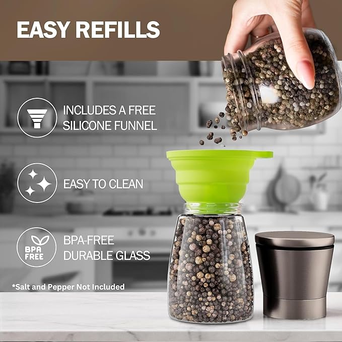 Home EC Original Gun Metal Bronze Salt and Pepper Grinder Set of 2 - Adjustable Ceramic Grinder - Glass Salt and Pepper Shakers With Funnel and Ebook - Spice Mill - Bronze Kitchen Accessories