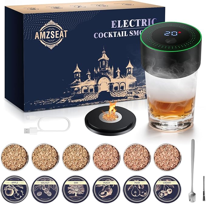 Electric Whiskey Smoker Kit-Rechargeable Cocktail Smoker Set with 6 Wood Chips - Unique Bourbon & Old Fashioned Drinks Smoker, Ideal Christmas, Birthday, Gifts for Men, Dad, Husband