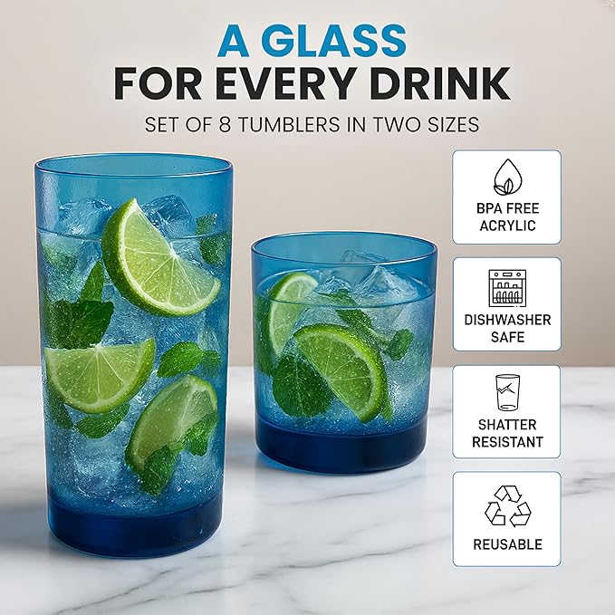 Zulay Kitchen Acrylic Glasses Drinkware - 8 Piece Unbreakable Plastic Tumblers - BPA-Free, Reusable Plastic Drinking Glasses for Home & Outdoors - Stackable, Lead-Free, Dishwasher Safe, Blue (12&16oz)