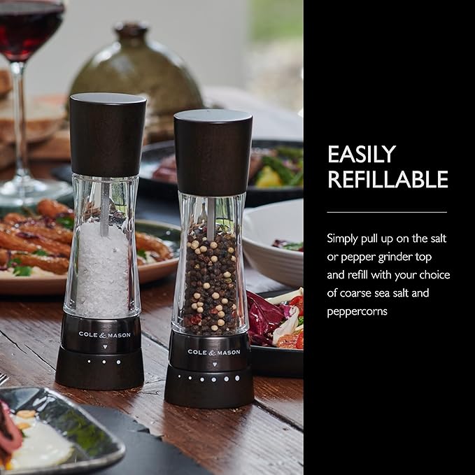 Cole & Mason Derwent Salt Mill - Gourmet Precision Salt Grinder - Refillable Seasoning and Spice Tools - Adjustable Seat, Himalayan and Kosher Salt Grinder Settings - Dark Wood