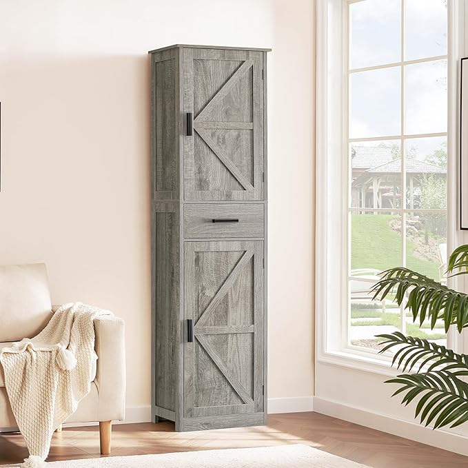 WEENFON Tall Storage Cabinet, Bathroom Cabinet with 6 Shelves & Drawer, Narrow Storage Cabinet with Adjustable Shelves, Tall Cabinet for Living Room, Home Office, Rustic Gray