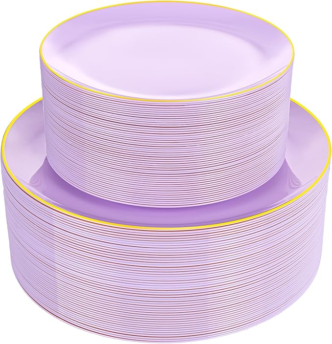 PULOTE 100PCS Purple Plastic Plates Disposable - Include 50 Dinner / 50 Dessert Plates Heavy Duty for Party, Wedding&Easter