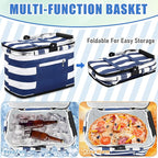 35L Large Insulated Picnic Basket with Blankets Kit Shopping Basket Cooler Bag Leakproof Collapsible Portable Suitable for Picnic Camping Work Hiking Food Delivery Gifts(Blue Stripes)