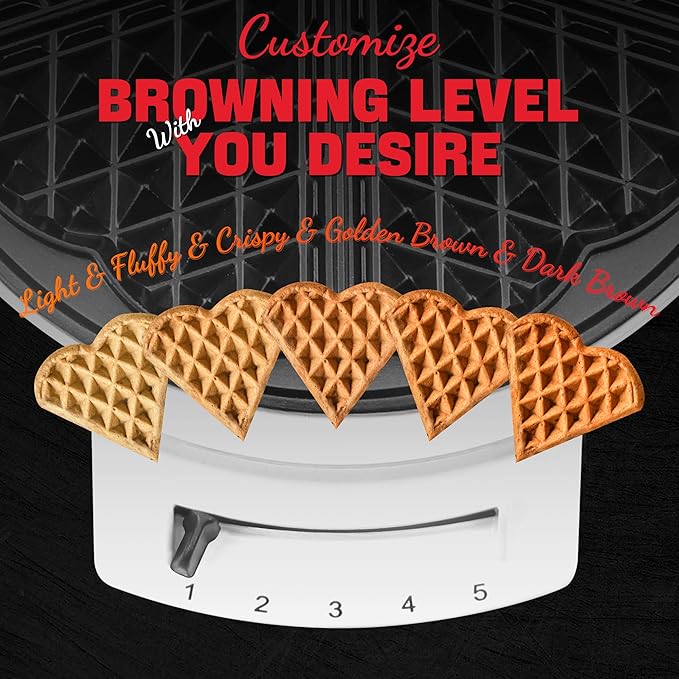 Mini Heart Shaped Waffle Maker, Thin Waffle Maker Iron with Shade Control, Make 7'' Large Waffle or 5 Mini Heart Waffles, Non Stick Cooking Plates with Fast & Even Heating
