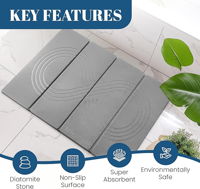 Premium Stone Dish Drying Mat – Large Foldable Kitchen Counter Mat, Super Absorbent Diatomaceous Earth with Coasters, Brush & Anti-Slip Pad – Fast Drying, Dark Gray Zen Design
