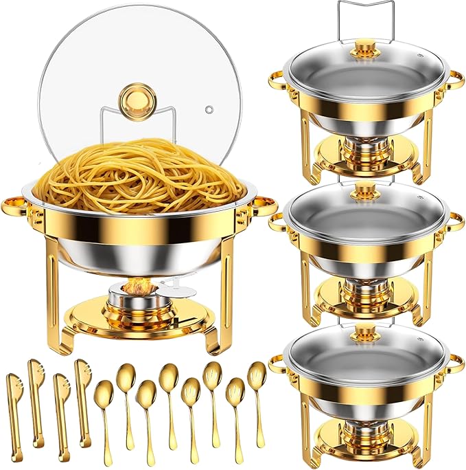 4 Pack Gold Round Chafing Dishes for Buffet, 5 QT Food Warmers and Cold Food Server for Parties, Events Hosting, Family Gatherings, Full Set Catering Supplies with Serving Utensils Accessories