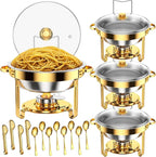 4 Pack Gold Round Chafing Dishes for Buffet, 5 QT Food Warmers and Cold Food Server for Parties, Events Hosting, Family Gatherings, Full Set Catering Supplies with Serving Utensils Accessories