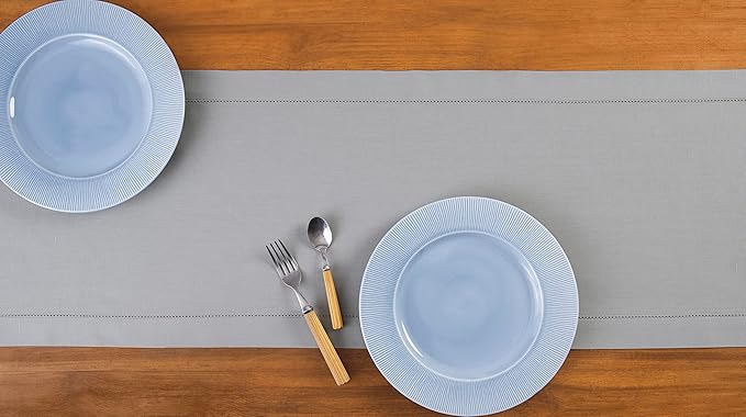 Solino Home Cotton Linen Light Grey Table Runner 72 Inches Long - Hemstitch Table Runner 14 x 72 Inch for Dresser, Dining, Summer, Fall, Autumn, Halloween
