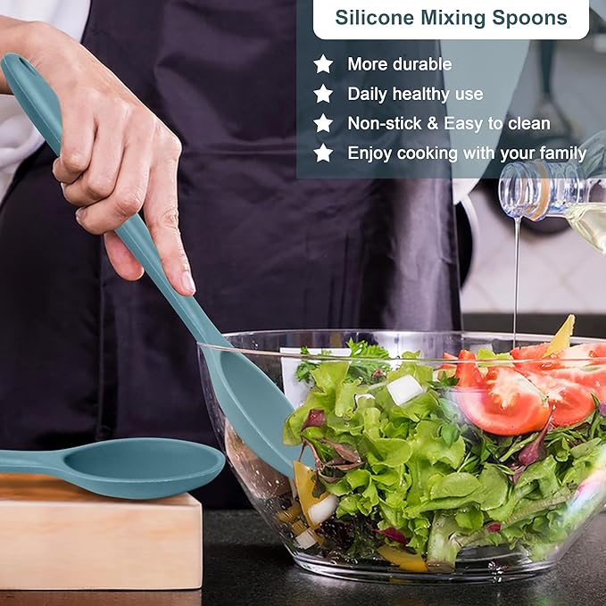 E-far Silicone Cooking Spoon Set of 2, Heat Resistant Kitchen Spoons Utensils Nonstick Mixing Spoon for Baking Stirring Serving, Non-Toxic & Dishwasher Safe (Blue)