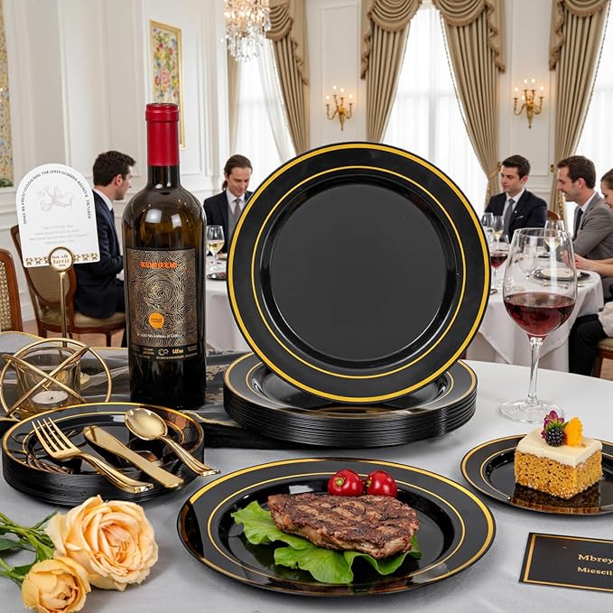 WDF 200PCS Black and Gold Plastic Plates - Black Plates Disposable for Party - Heavy Duty Plastic Plate for Halloween/New Year