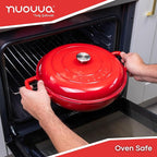 Shallow Cast Iron Casserole with Lid – Non Stick Dutch Oven Pot, Oven Safe up to 500° F – Sturdy Ovenproof Stockpot Cookware – Enamelled Cooking Pot – Red, 5-Quart, 32cm – by Nuovva