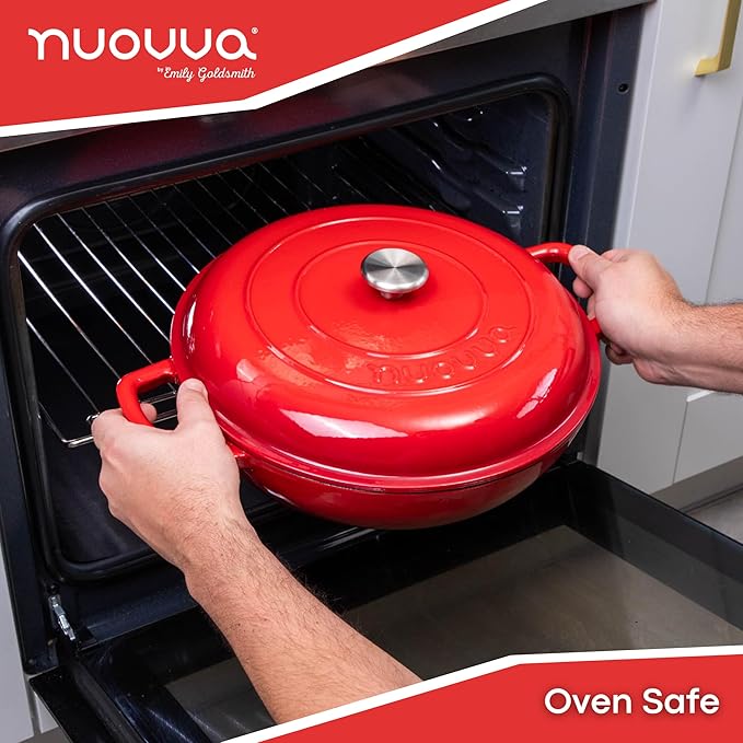 Shallow Cast Iron Casserole with Lid – Non Stick Dutch Oven Pot, Oven Safe up to 500° F – Sturdy Ovenproof Stockpot Cookware – Enamelled Cooking Pot – Red, 5-Quart, 32cm – by Nuovva