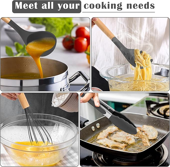 E-far Gray Silicone Cooking Utensils Set, 10-Piece Kitchen Utensils Set with Wooden Handle for Nonstick Cookware, Heat Resistant Kitchen Nonstick Tools Spatula Whisk Tongs Ladle, Non-toxic & Healthy