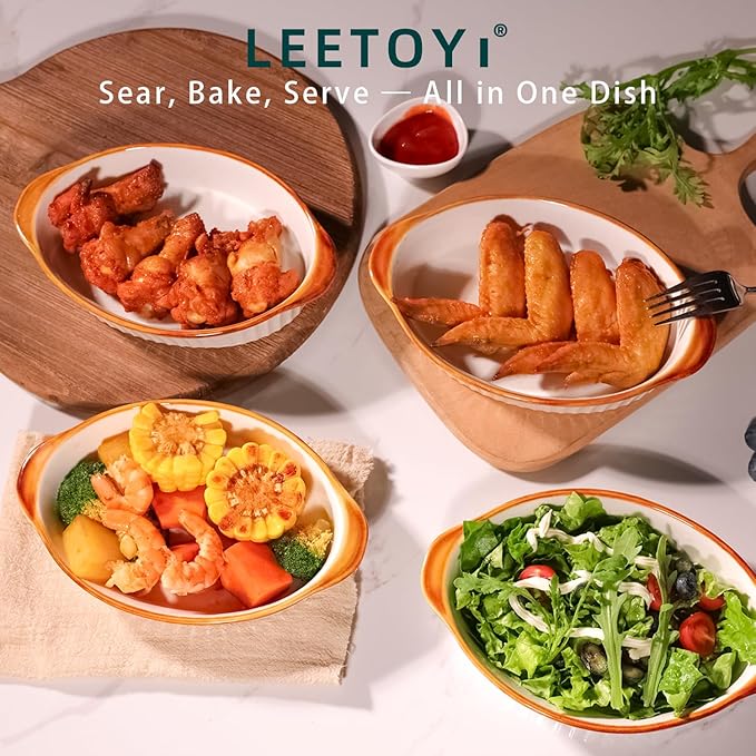 LEETOYI Porcelain Small Oval Au Gratin Pans,Set of 4 Baking Dish Set for 1 or 2 person servings, Bakeware with Double Handle for Kitchen and Home (White/Brown)