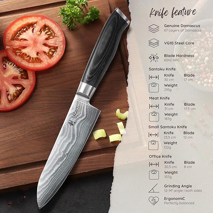 Wakoli MIK Damascus 4-Piece Knife Set – Japanese Style Kitchen Knives | Genuine Damascus Steel Blades with VG10 Core | Ergonomic Micarta Handles | Professional Chef Knife Set in Gift Box