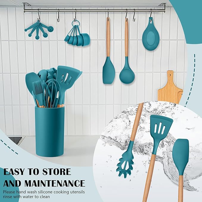 HaWare Kitchen Cooking Utensils Set, 23-Piece Silicone Kitchen Utensils Spatula Set with Holder, Heat Resistant Wooden Handle Kitchen Gadget for Nonstick Cookware, Food-grade Turner Spoon Sets (Blue)