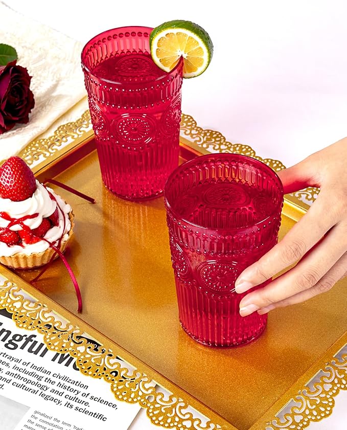 Ciaell 12 Pack Romantic Plastic Water Glasses - 14 Oz Red Vintage Drinking Glasses, Embossed Ribbed Plastic Cups, Textured Striped Set for Juice, Beverages, Beer, Cocktail, Christmas