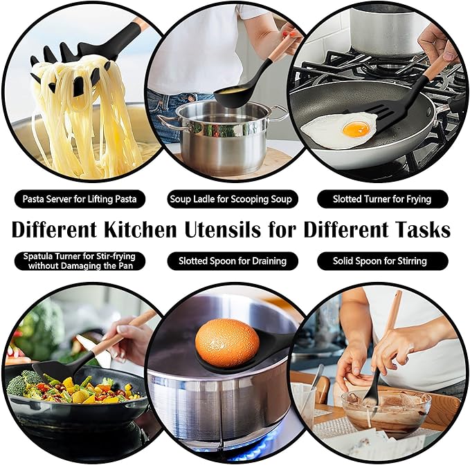 HaWare Kitchen Cooking Utensils Set, 23-Piece Silicone Kitchen Utensils Spatula Set with Holder, Heat Resistant Wooden Handle Kitchen Gadget for Nonstick Cookware, Food-grade Turner Spoon Sets (Black)