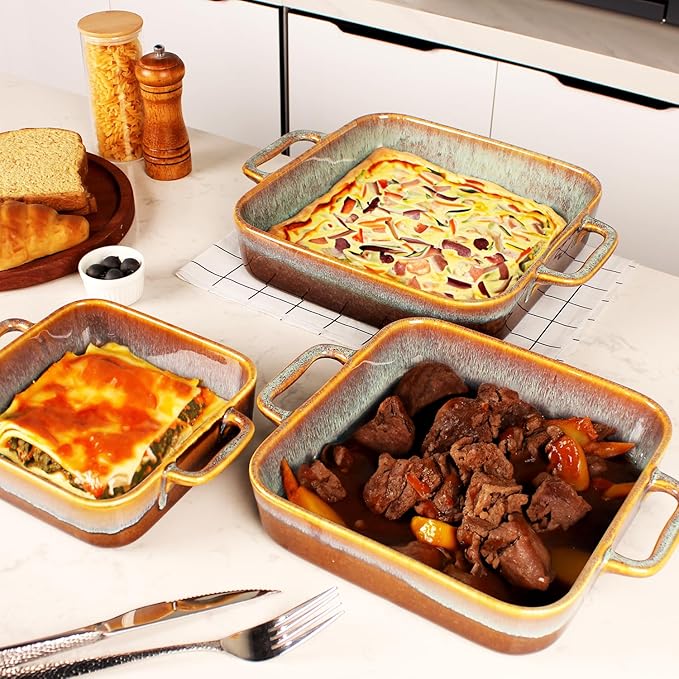 9" x 9"Square Casserole Dish, 1.8 Qt Ceramic Au gratin Baking Dish with Handles, Or for mixing, salad, pasta plate, Best gift for those who love baking, Microwave, Oven safe