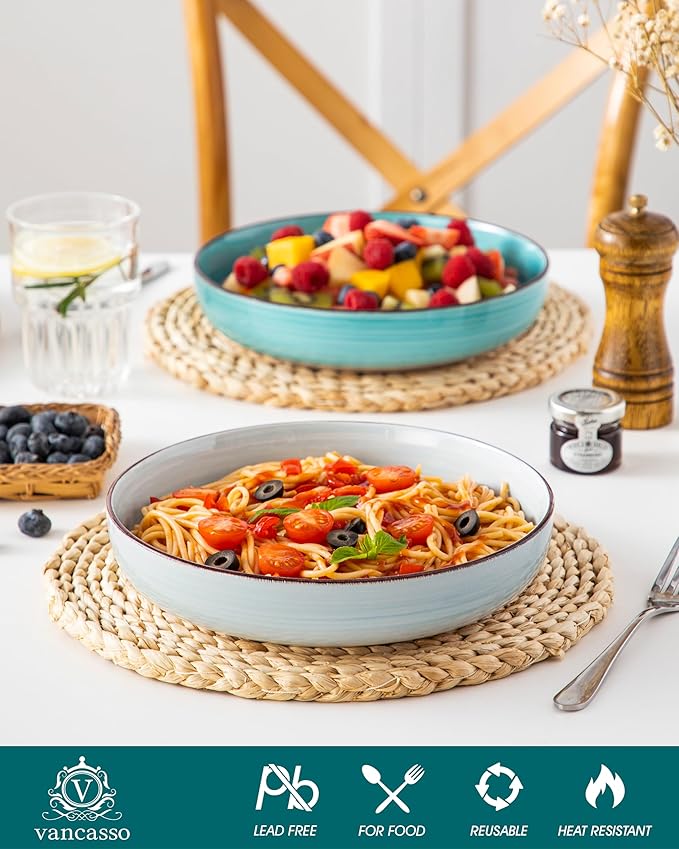 vancasso Pasta Bowls Set of 4, 46 oz Ceramic Salad Serving Bowls and Soup Bowls, Microwave Safe Pasta Plates, Large Shallow Kitchen Dishes, Bonita Series - Blue