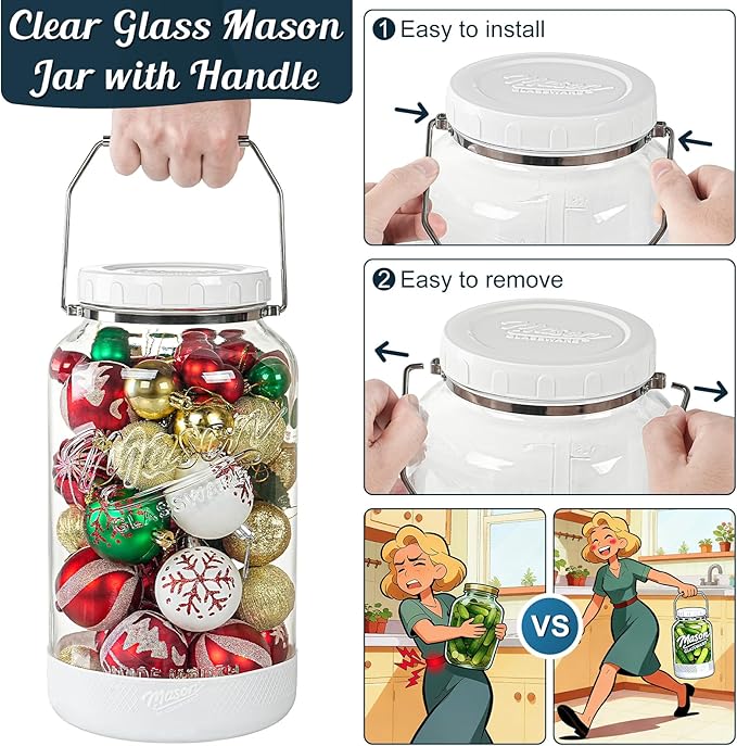 [NEW] 1.5 Gallon Huge Glass Jar with Airtight Lid, Wide Mouth Large Mason Jars for Fermenting, Pickling, Canning, Water Glassing Eggs, Kombucha, and Food Storage – with Handle & Scale Marks(2 Packs)